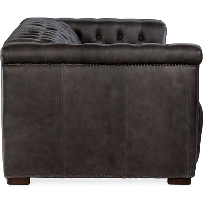 Savion 2 Over 2 Power Reclining Sofa by Hooker Furniture in bellagio gravel and dark wood. Made from leather (finished top grain with split) in a transitional style.