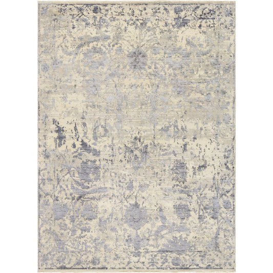 FLN-7001 Rug by Surya in pale blue, charcoal, ivory, light gray. Made from 70% wool, 30% silk in a unique style.