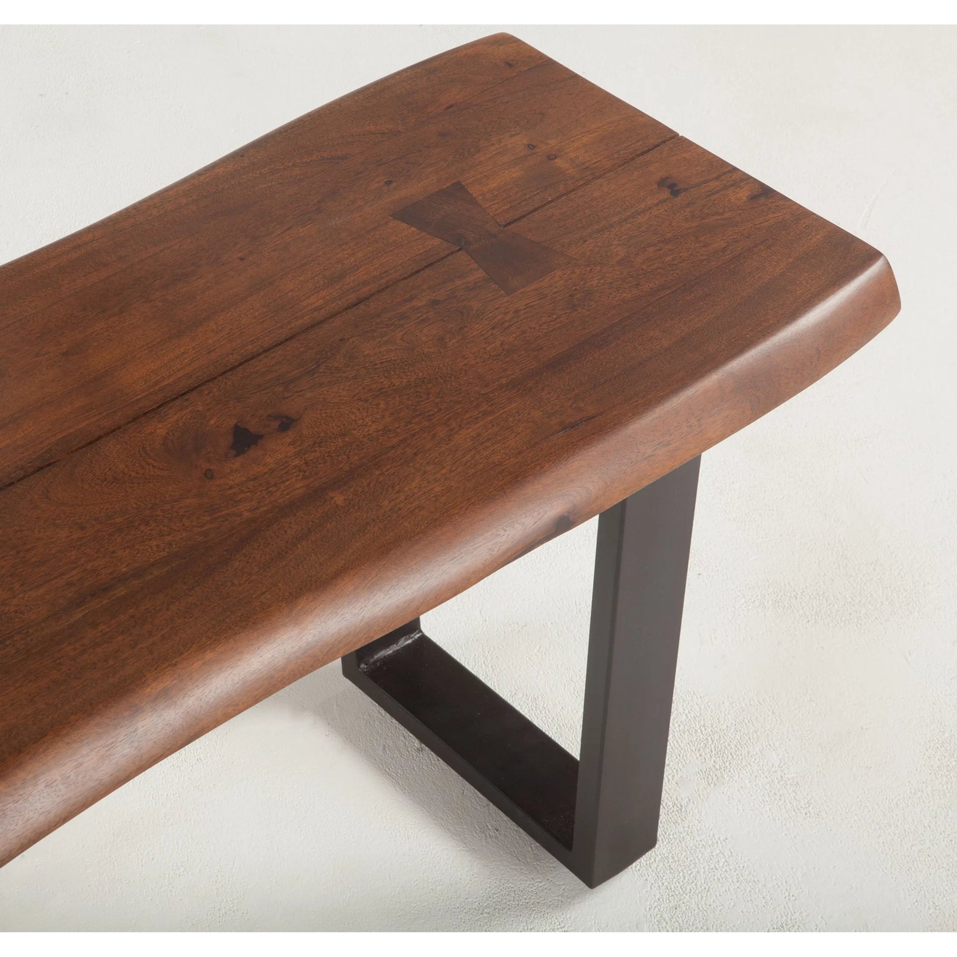 Belfrie Dining Bench by World Interiors in brown and walnut, antique zinc. Made from acacia wood, iron in a modern style.