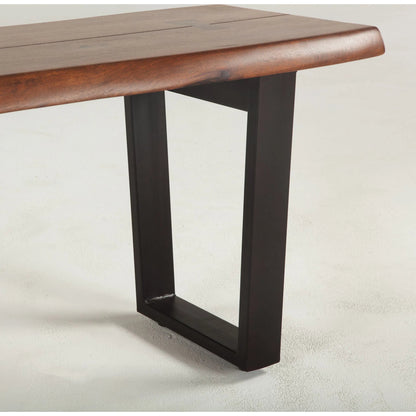 Belfrie Dining Bench by World Interiors in brown and walnut, antique zinc. Made from acacia wood, iron in a modern style.