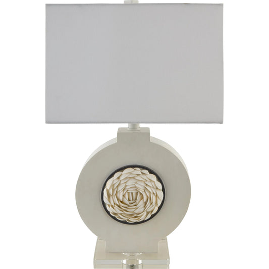 Floralis Accent Table Lamp by Livabliss in natural painted. Made from resin, shell, crystal, linen, polyester, plastic in a unique style.
