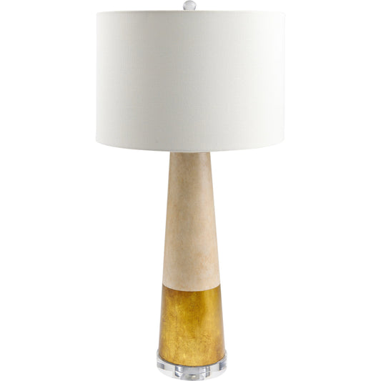 Fluxar - 498956 by Surya in body: gray, gold, base: clear, shade (outside): cream, shade (inside): white, finial: clear, harp: metallic - gold, cord: translucent and acrylic. Made from body: cement, cement, base: crystal,