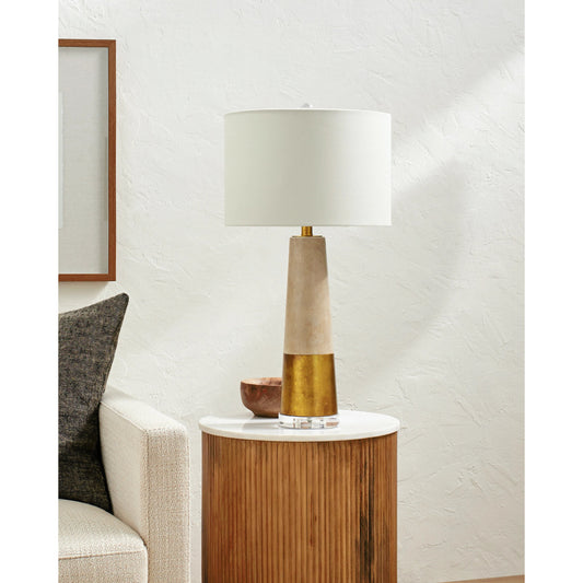 Fluxar - 498956 by Surya in body: gray, gold, base: clear, shade (outside): cream, shade (inside): white, finial: clear, harp: metallic - gold, cord: translucent and acrylic. Made from body: cement, cement, base: crystal, shade
