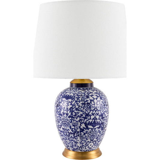 Florezia Accent Table Lamp by Livabliss in blue, white and glazed, plated. Made from ceramic, steel, linen, polyester, iron in a unique style.