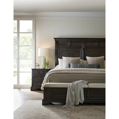 Hickory Creek Storage Bed by Pulaski Furniture in brown velvet. Made from split heart cathedral hickory veneers in a unique style.