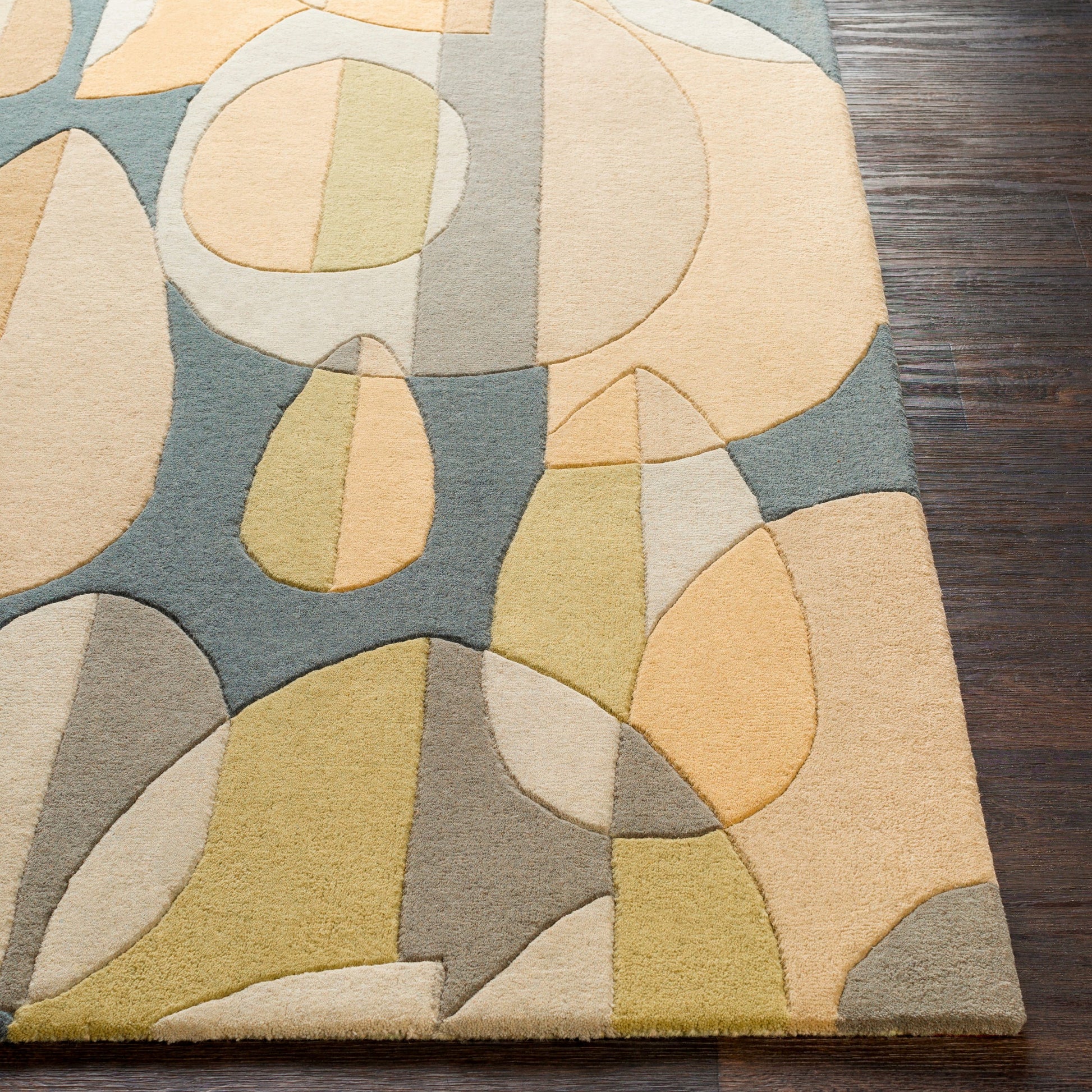 Forum FM-7197 Rug by Surya in deep teal, sage, slate, tan, light olive. Made from 100% wool in a unique style.