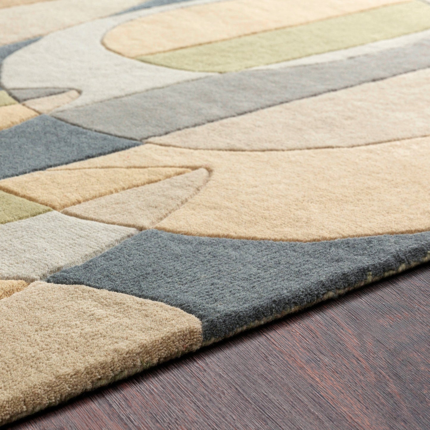 014 78016-9582,78016-9589 | Closeup | Forum FM-7197 Rug by Surya in deep teal, sage, slate, tan, light olive. Made from 100% wool in a unique style.