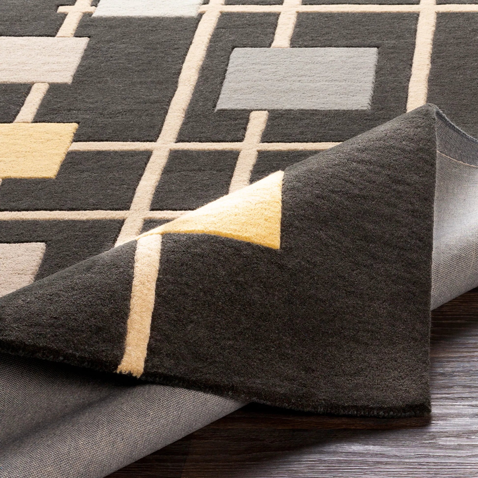 Forum Rug - 15556 by Livabliss in sage, dark blue, light sage, mustard, light beige, light gray. Made from 100% wool in a unique style.