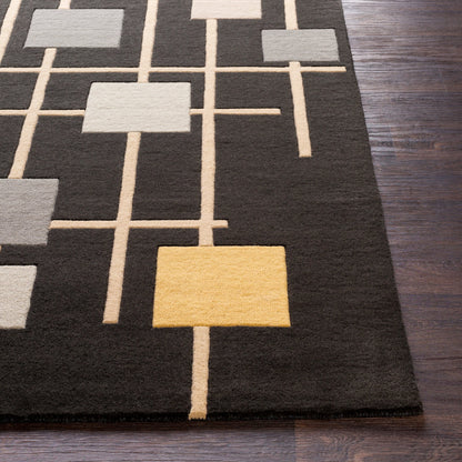 Forum Rug - 15556 by Livabliss in sage, dark blue, light sage, mustard, light beige, light gray. Made from 100% wool in a unique style.