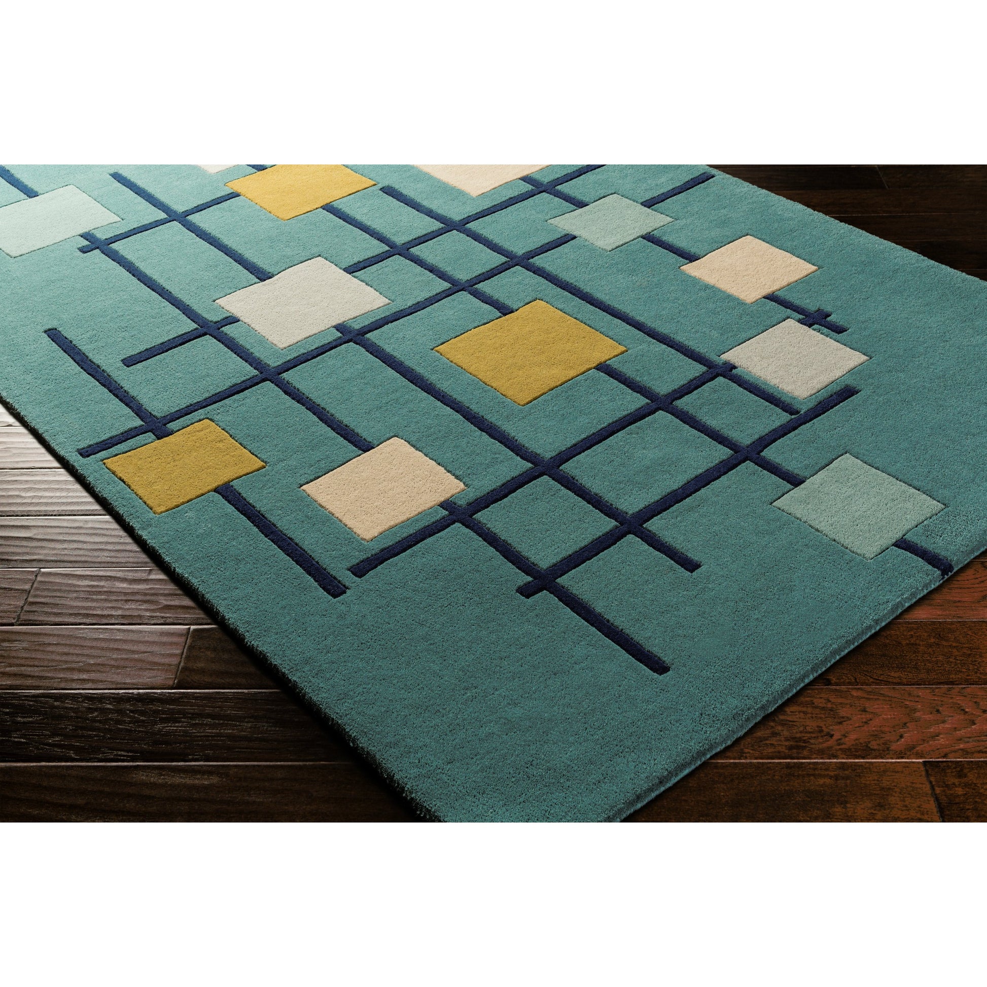 Forum Rug - 15556 by Livabliss in sage, dark blue, light sage, mustard, light beige, light gray. Made from 100% wool in a unique style.