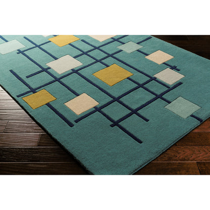 Forum Rug - 15556 by Livabliss in sage, dark blue, light sage, mustard, light beige, light gray. Made from 100% wool in a unique style.