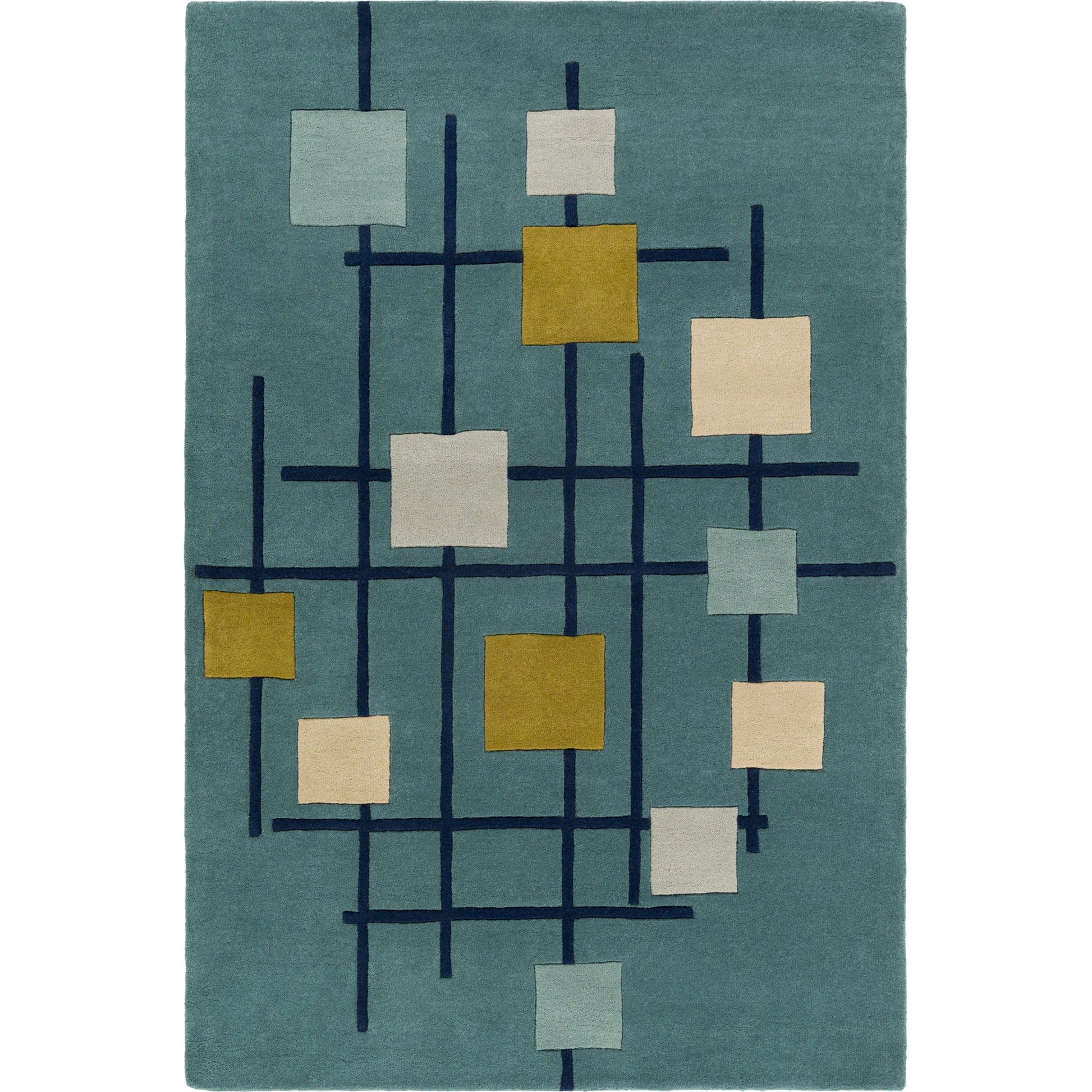 Forum Rug - 15556 by Livabliss in sage, dark blue, light sage, mustard, light beige, light gray. Made from 100% wool in a unique style.