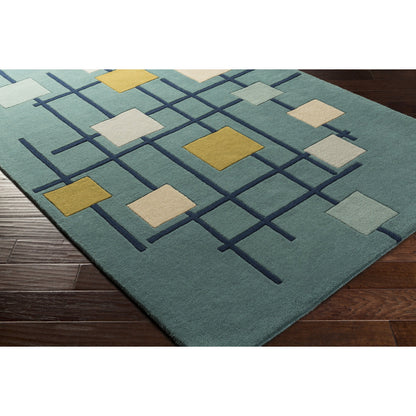 Forum Rug - 15556 by Livabliss in sage, dark blue, light sage, mustard, light beige, light gray. Made from 100% wool in a unique style.