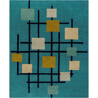 Forum Rug - 15556 by Livabliss in sage, dark blue, light sage, mustard, light beige, light gray. Made from 100% wool in a unique style.