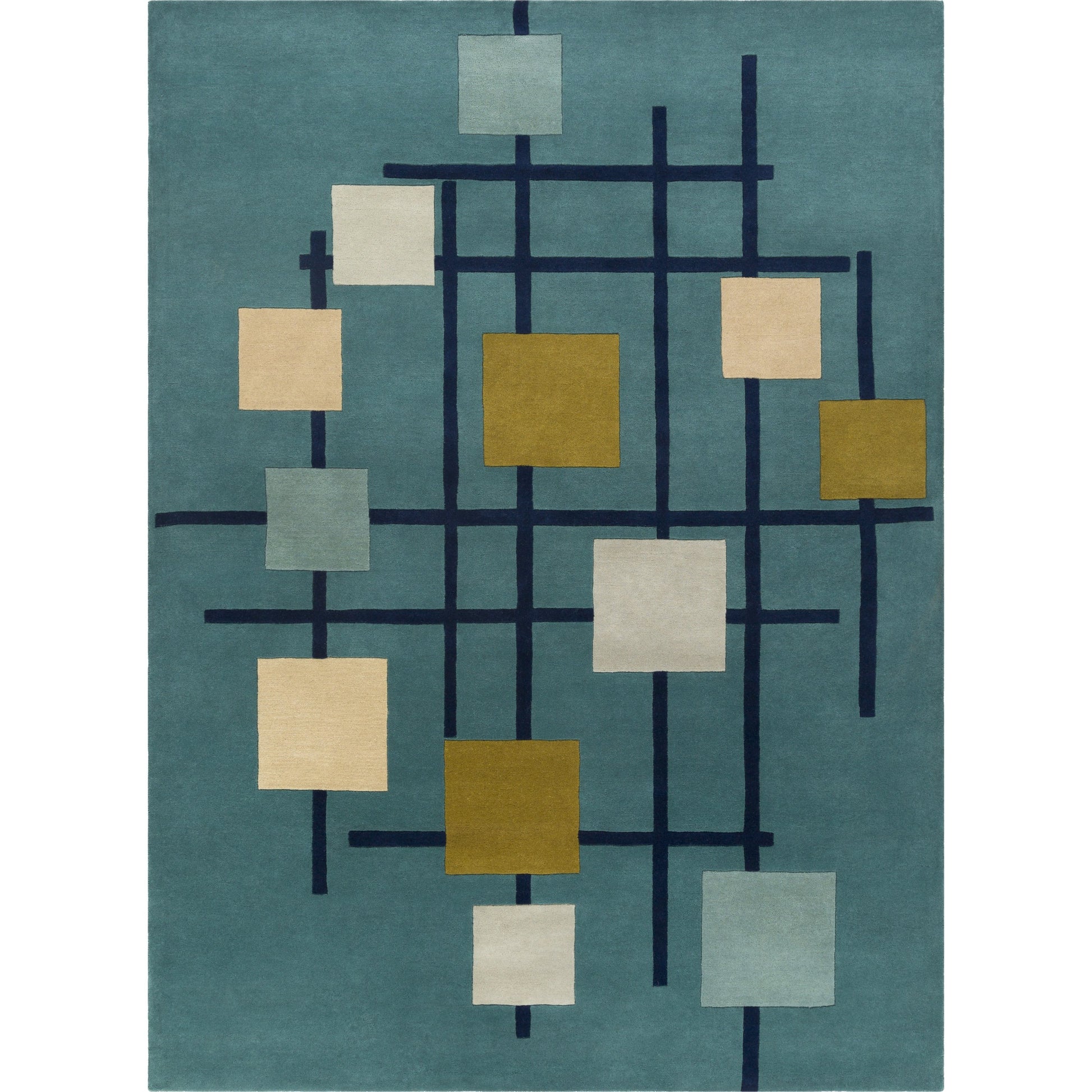 Forum Rug - 15556 by Livabliss in sage, dark blue, light sage, mustard, light beige, light gray. Made from 100% wool in a unique style.