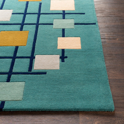 Forum Rug - 15556 by Livabliss in sage, dark blue, light sage, mustard, light beige, light gray. 