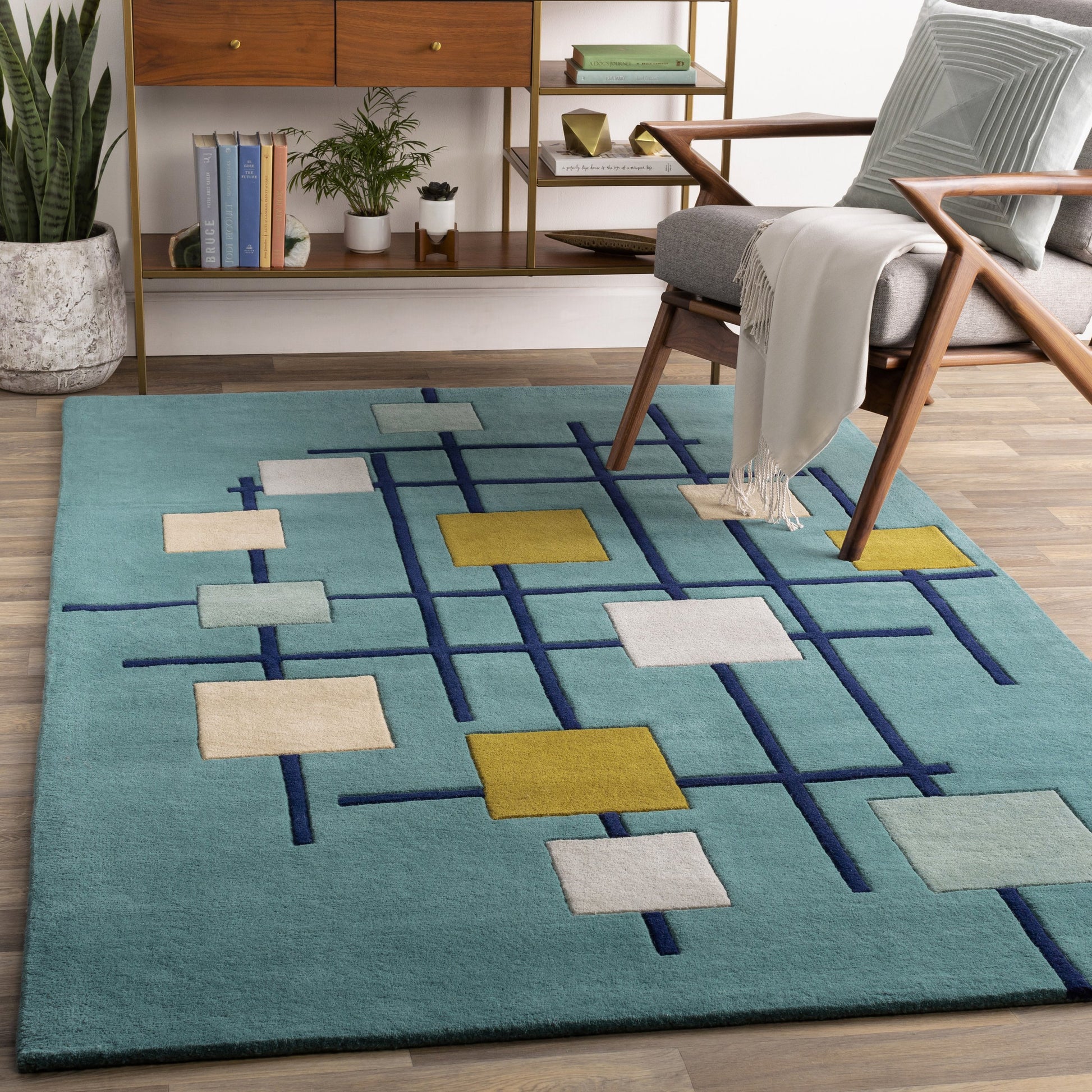 Forum Rug - 15556 by Livabliss in sage, dark blue, light sage, mustard, light beige, light gray. Made from 100% wool in a unique style.