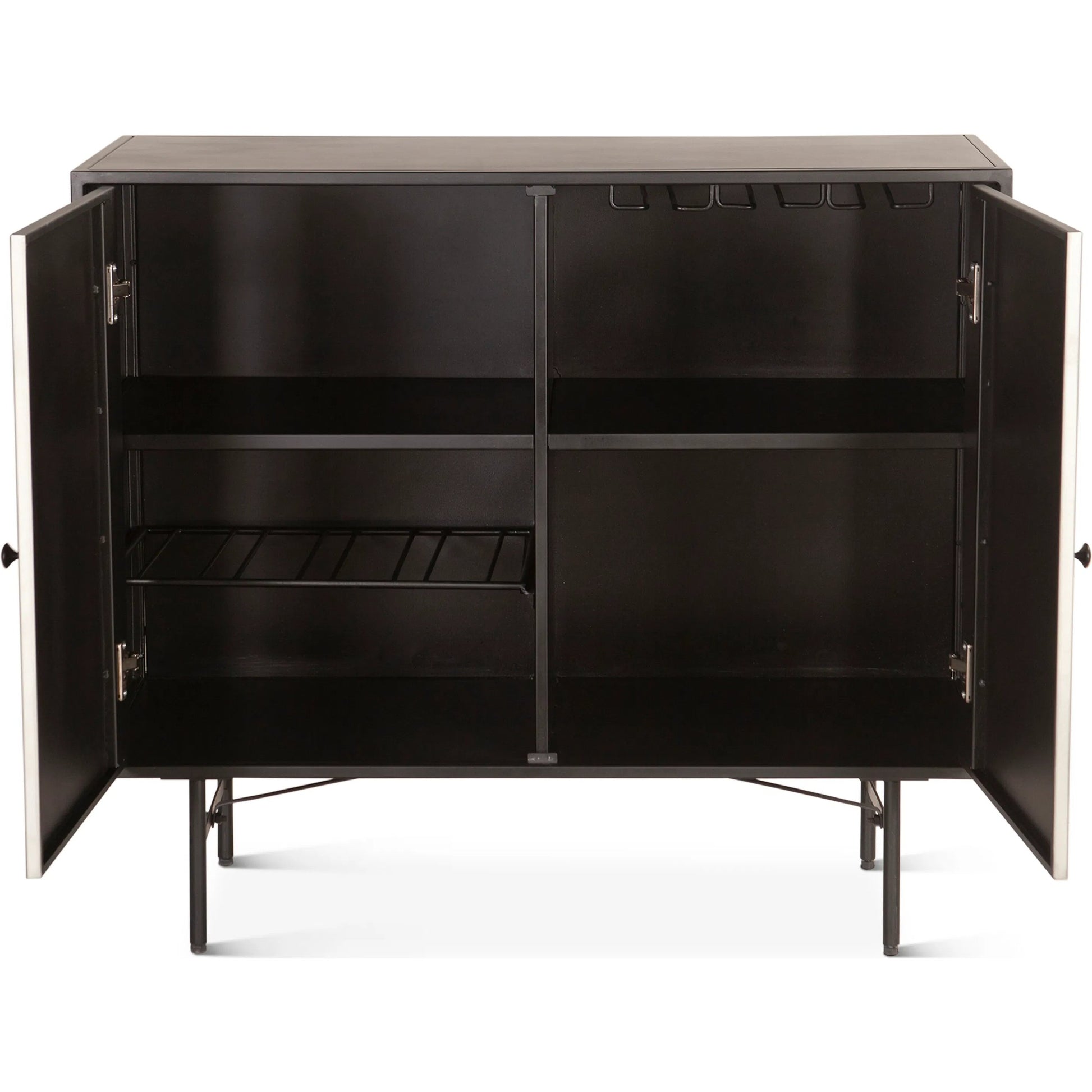 St. George 18" Bar Cabinet by World Interiors in black and oxidized black. Made from reclaimed iron in a modern style.