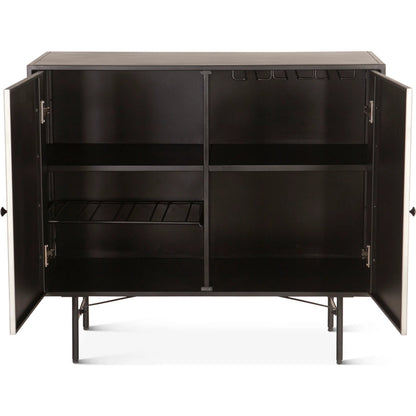 St. George 18" Bar Cabinet by World Interiors in black and oxidized black. Made from reclaimed iron in a modern style.