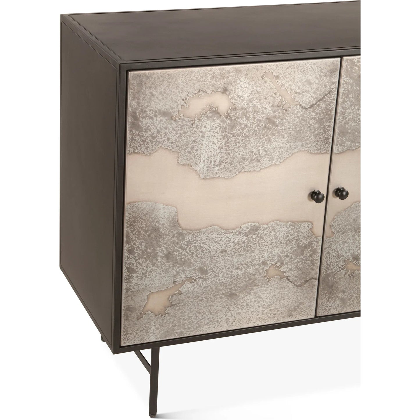 001 SI-2243068 | Closeup | St. George 18" Bar Cabinet by World Interiors in black and oxidized black. Made from reclaimed iron in a modern style.