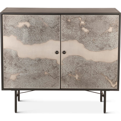 St. George 18" Bar Cabinet by World Interiors in black and oxidized black. Made from reclaimed iron in a modern style.