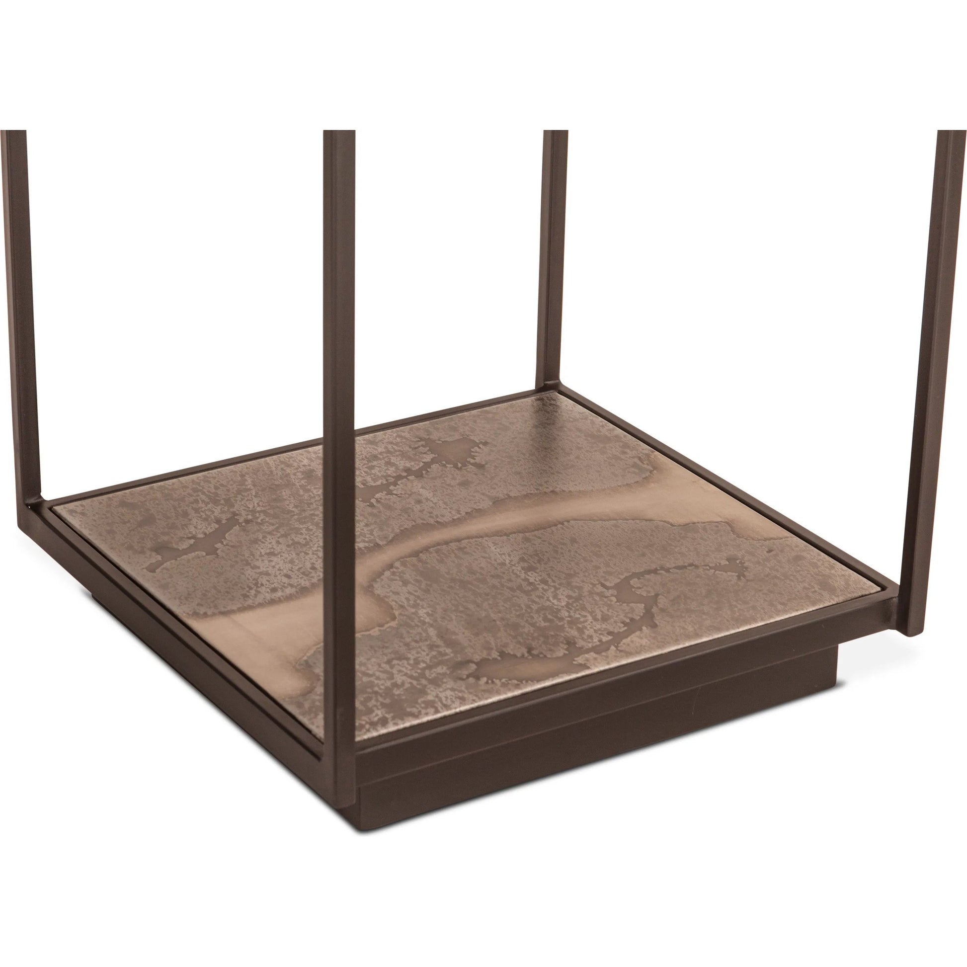 St. George 18" Side Table by World Interiors in black and oxidized black. Made from reclaimed iron in a modern style.