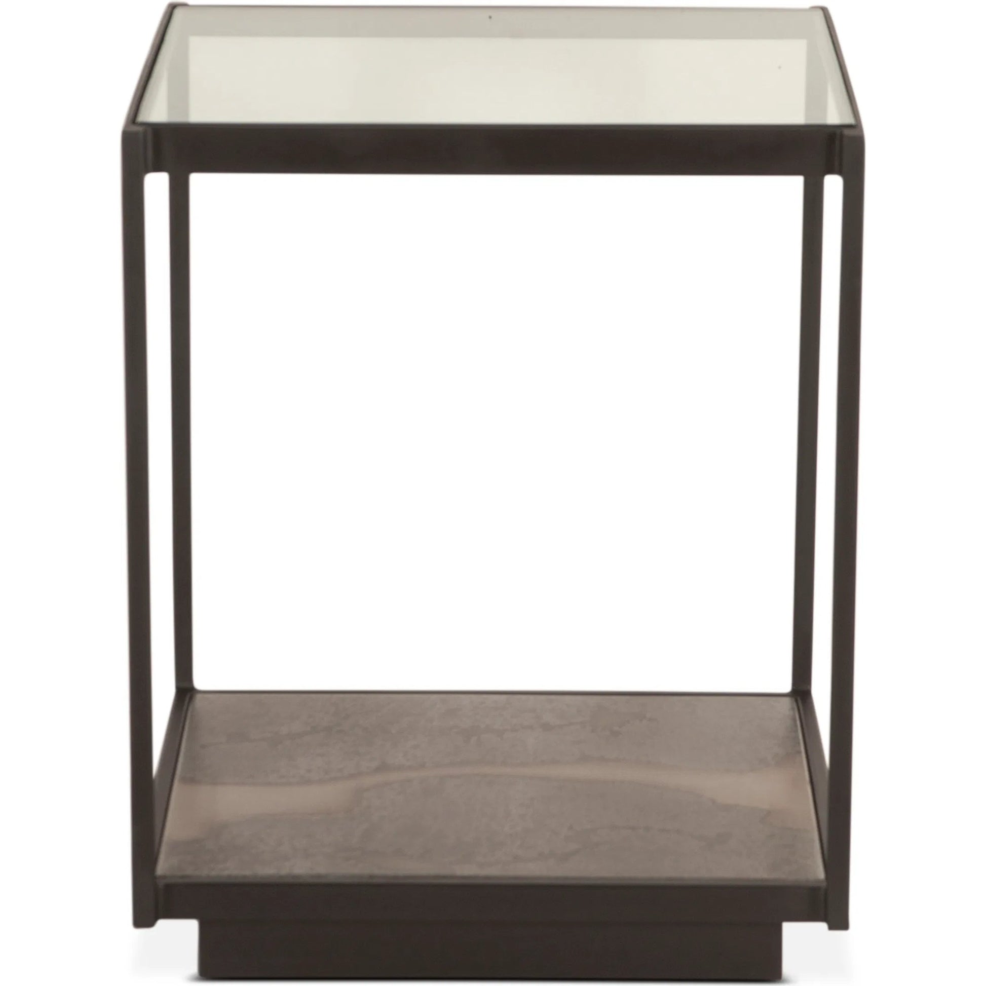 St. George 18" Side Table by World Interiors in black and oxidized black. Made from reclaimed iron in a modern style.