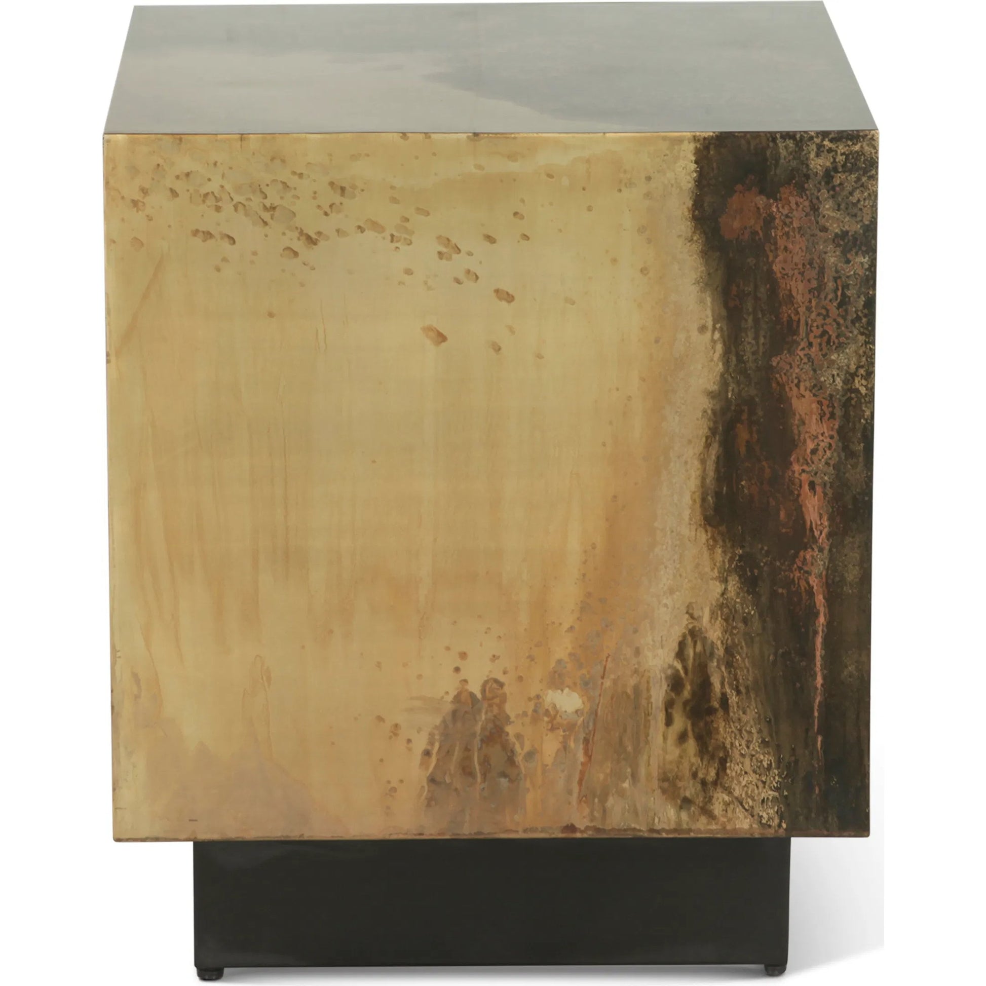 St. George Square Side Table by World Interiors in black and oxidized black. Made from reclaimed iron in a modern style.