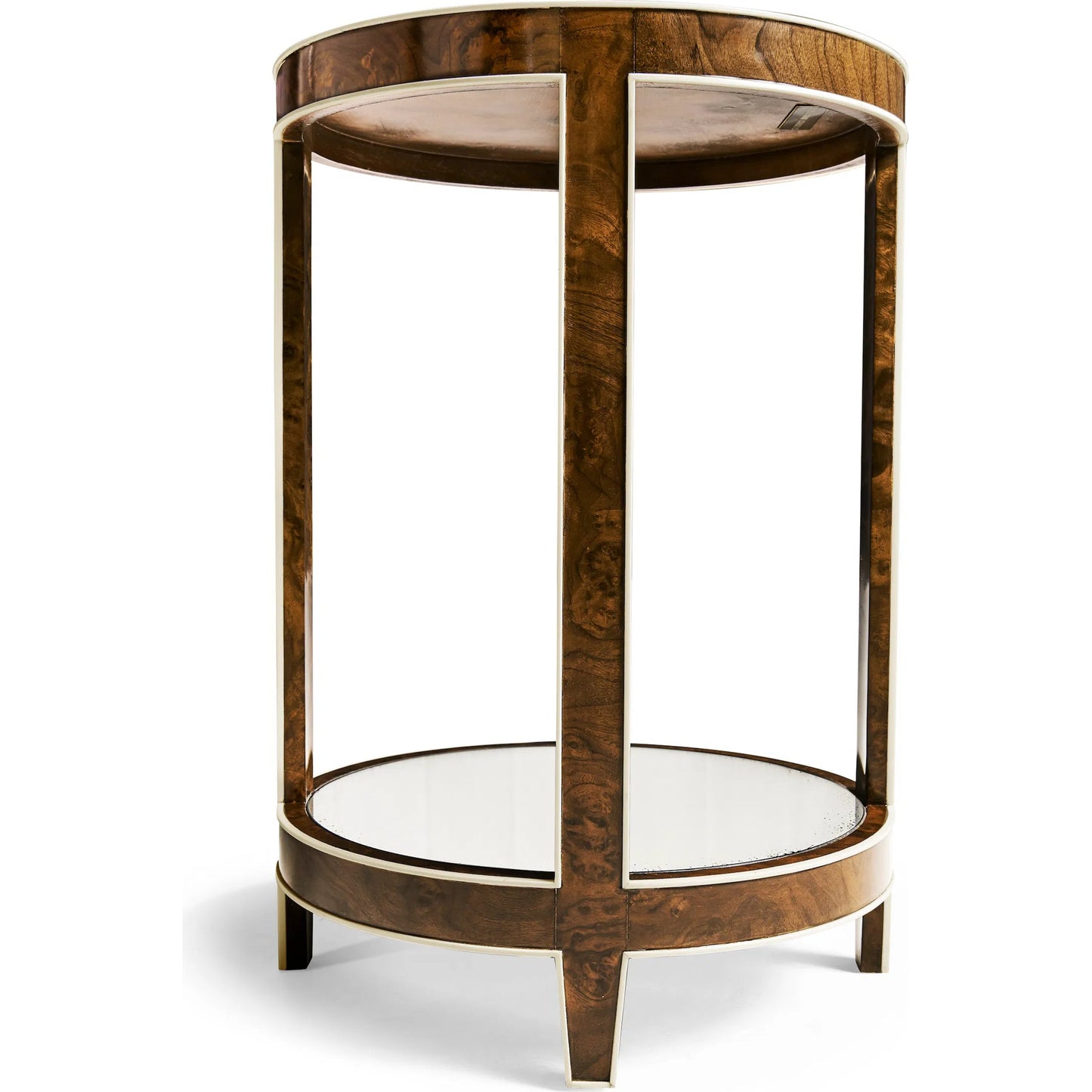 002 SI-2186358 | Additional Silo | Jacques Round End Table by Jonathan Charles in brown and medium brown mahogany. Made from mahogany veneers, faux bone, glass in a modern style.