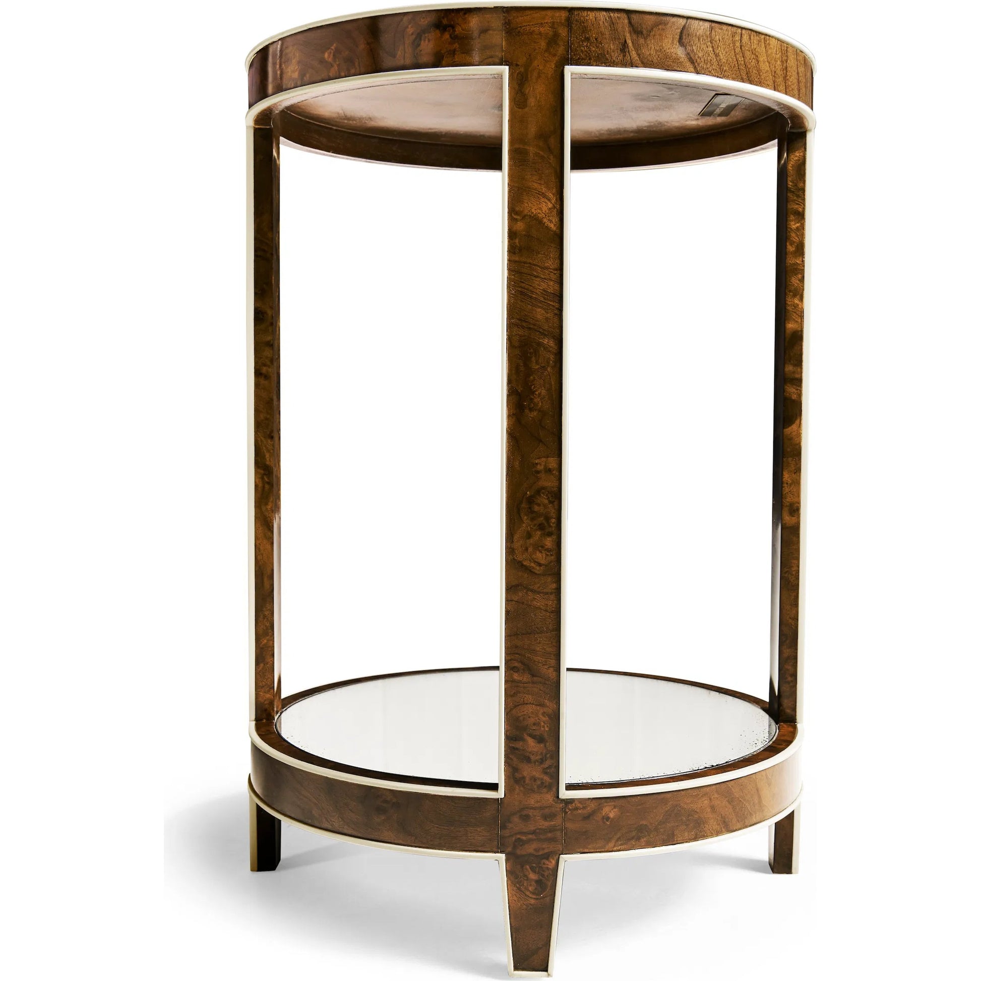 Jacques Round End Table by Jonathan Charles in brown and medium brown mahogany. Made from mahogany veneers, faux bone, glass in a modern style.