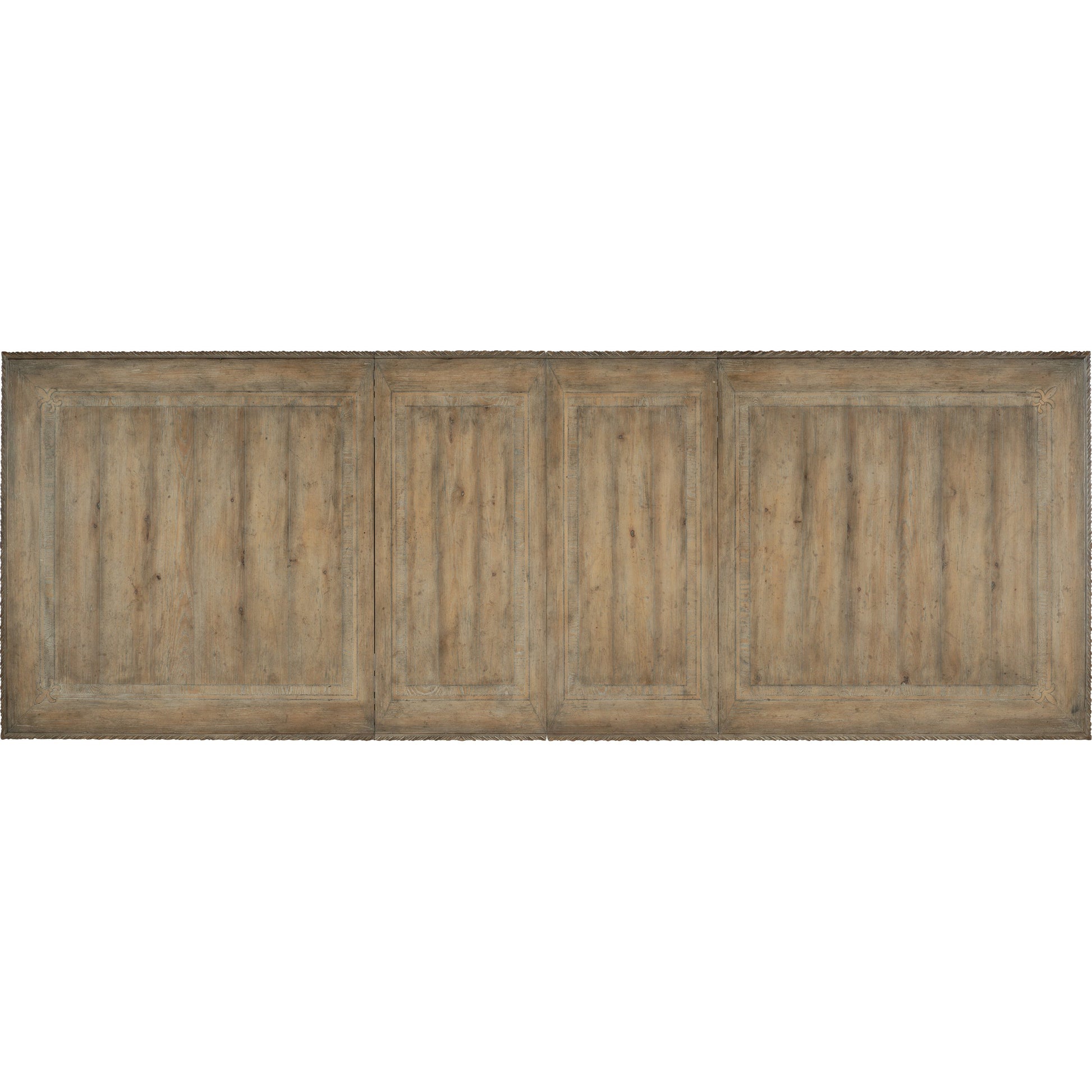 Castella Dining Table by Hooker Furniture in antique slate. Made from pecan, quartered walnut, quartered black walnut, quartered ash, maple veneers with resin in a traditional style.