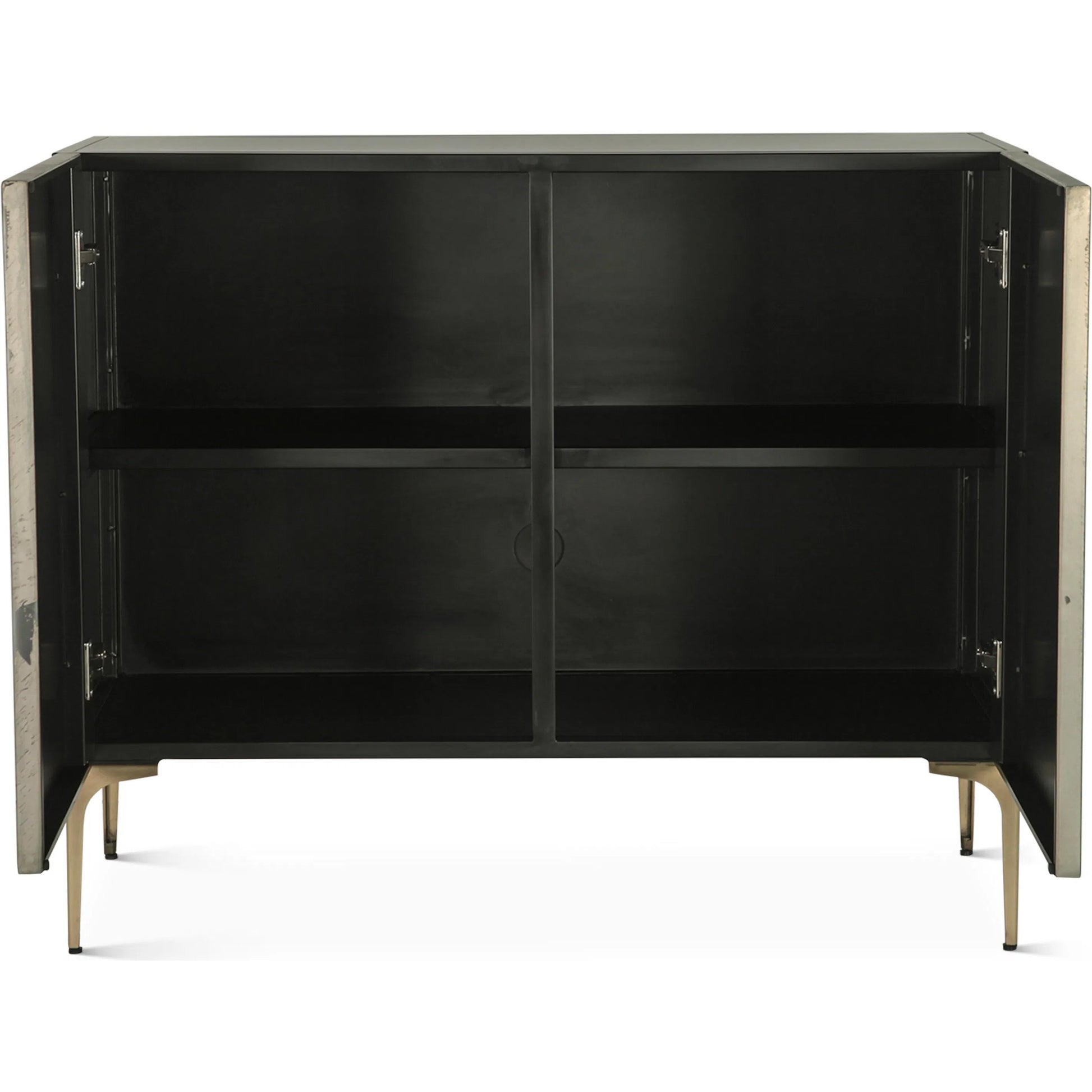 Odessa Two Door Buffet by World Interiors in brass patina. Made from iron in a modern style.