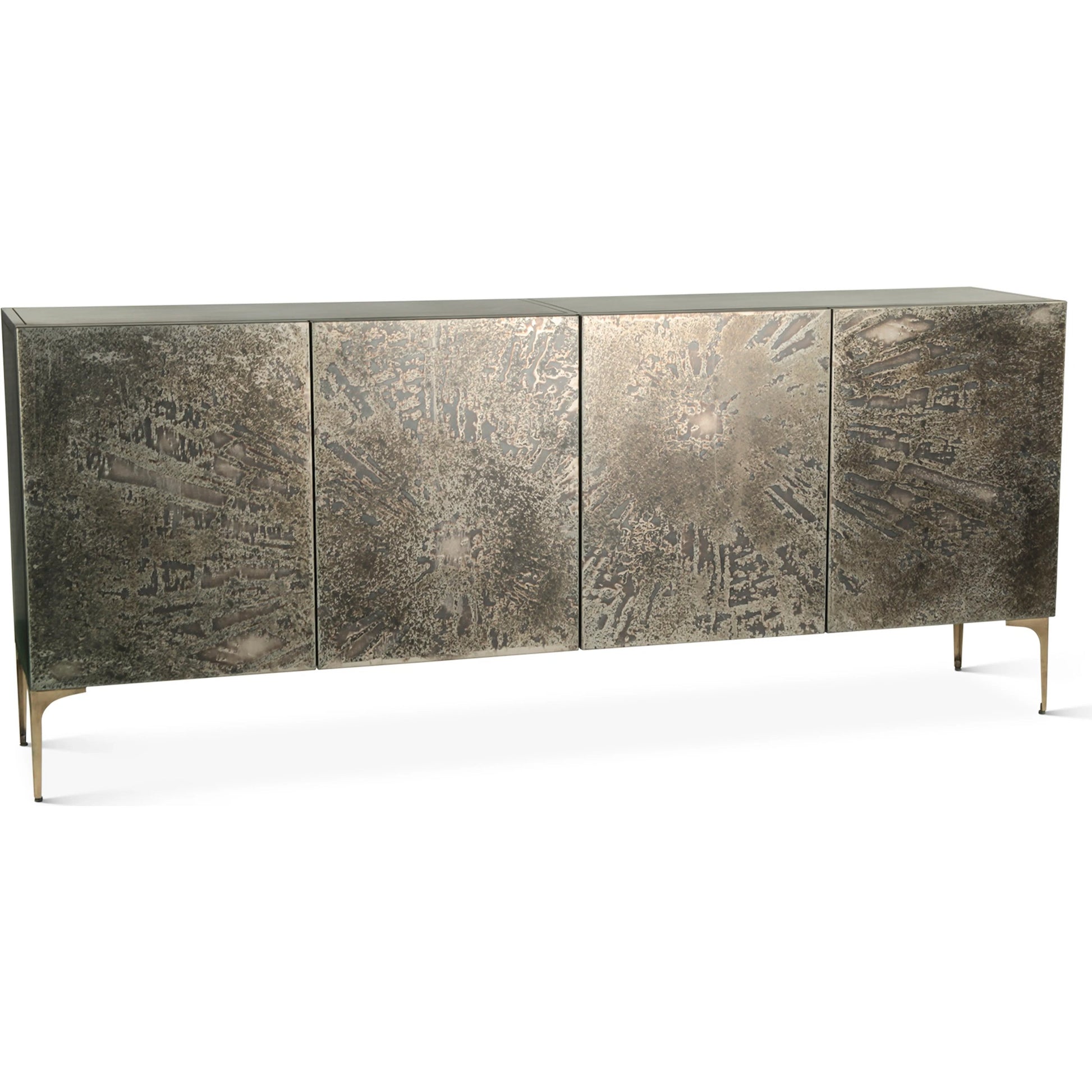 Odessa 83" Four Door Buffet by World Interiors in brass and patina. Made from iron in a modern style.