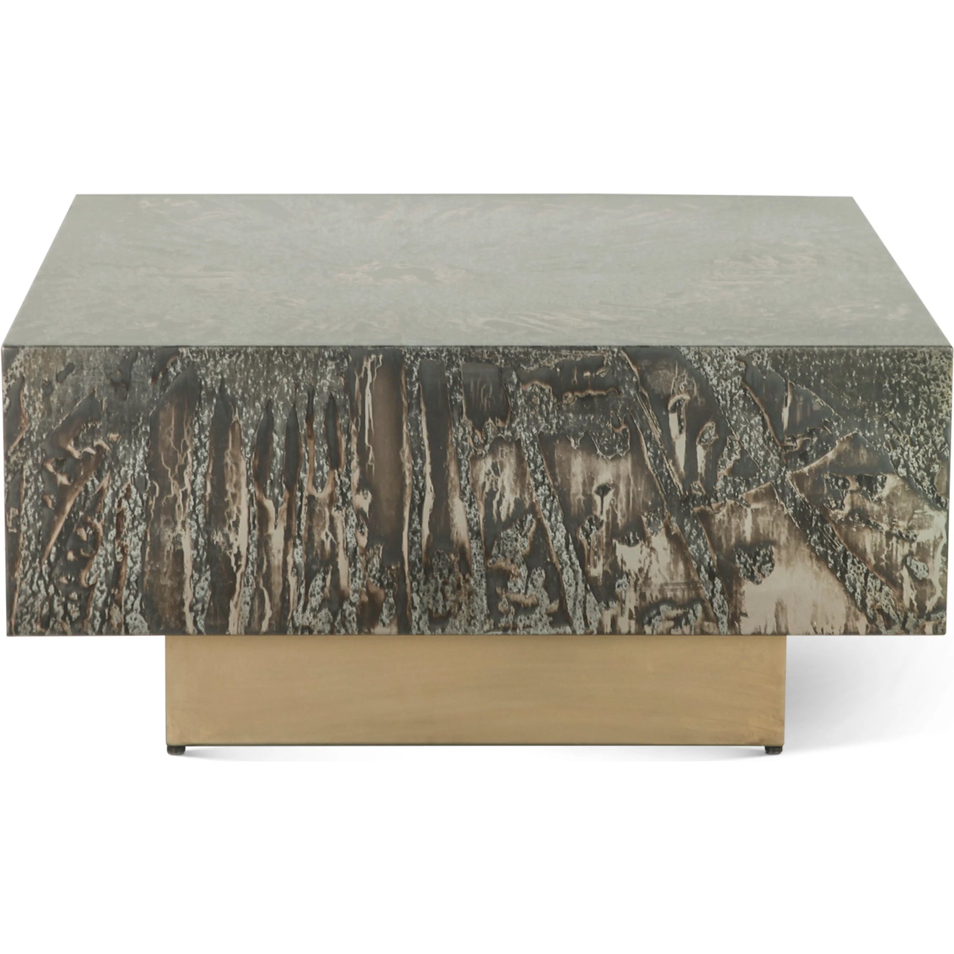 Odessa 35" Coffee Table by World Interiors in brass and patina. Made from iron in a modern style.
