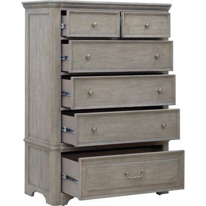 Abbotts Glen 6 Drawer Chest by Pulaski Furniture in windmill grey. Made from split heart cathedral oak in a transitional style.