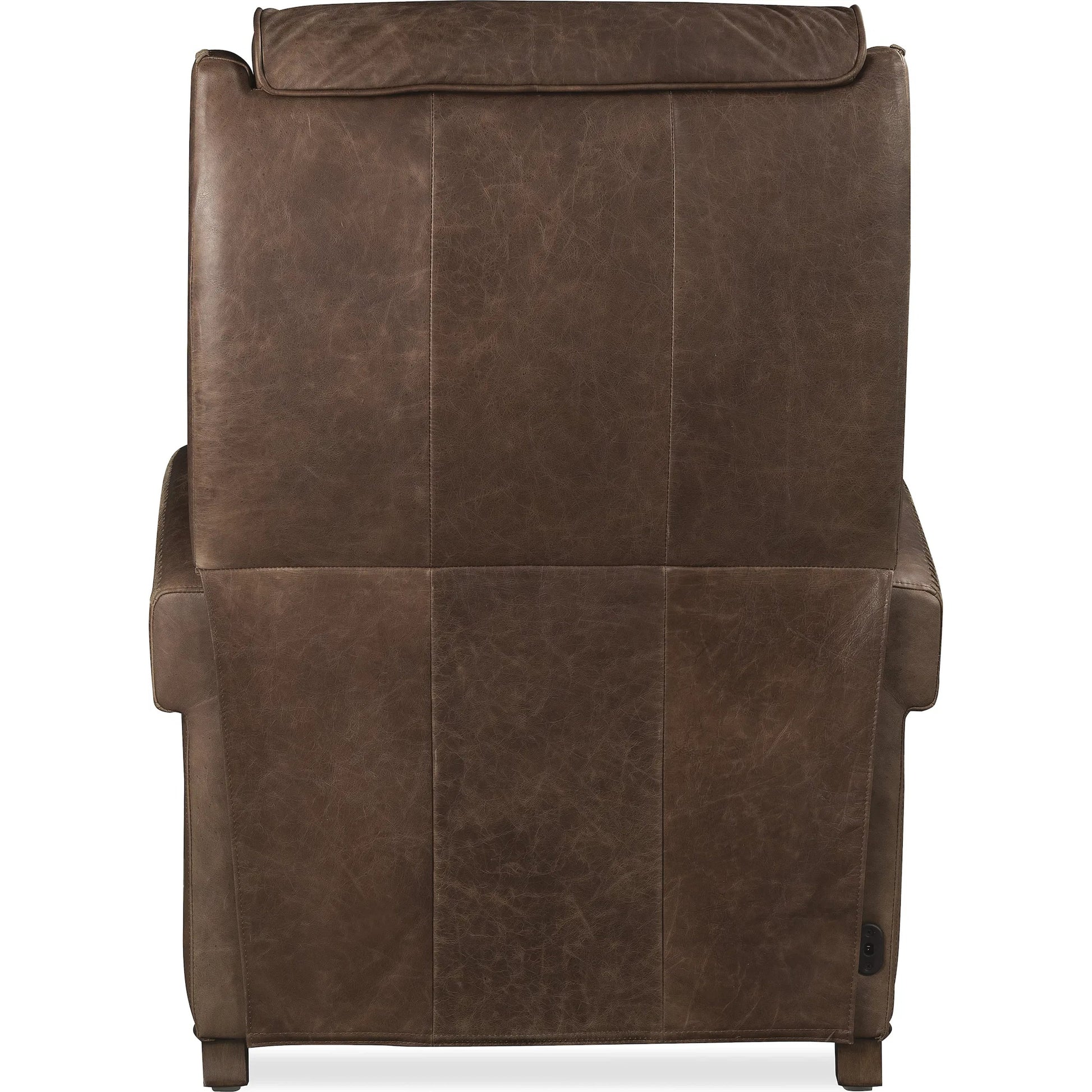 Whitton Power Recliner with Power Headrest by Hooker Furniture in studio chocolate and dark wood. Made from leather in a traditional style.