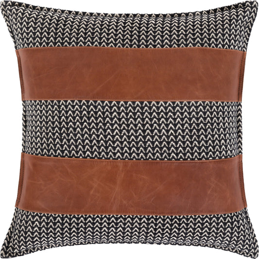 Fiona Pillow - 16705 by Livabliss in black, brown. Made from 75% cotton, 25% leather, 100% cotton in a rustic style.