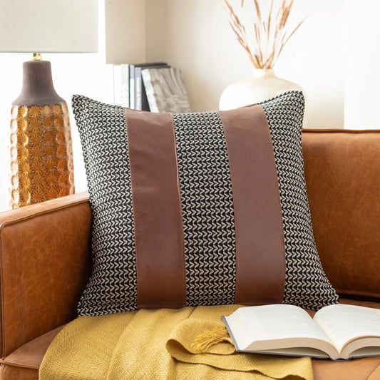 Fiona Pillow - 16705 by Livabliss in black, brown. Made from 75% cotton, 25% leather, 100% cotton in a rustic style.