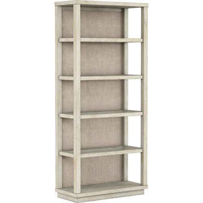 Cotiere Etagere by A.R.T. Furniture in beige and linen. Made from parawood solids, mixed split cathedral and quarter-white oak veneers, fabric, glass in a modern style.