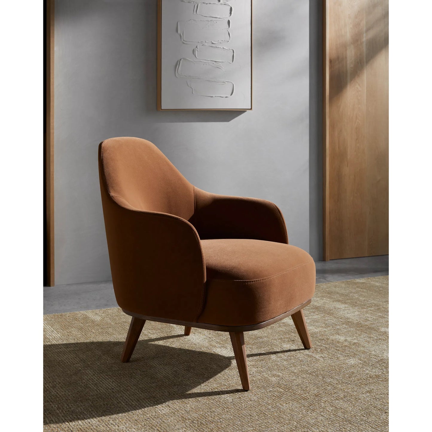 002 SI-2169236 | Lifestyle | Fantino Armchair - 539462 by Surya in upholstery: dark green, base: camel and wood finish. Made from polyester, beechwood, polyurethane foam in a modern style.