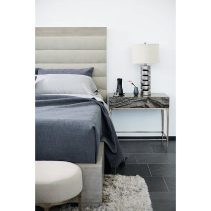 Linea Upholstered Channel Bed by Bernhardt in cerused greige. Made from white oak veneers, fabric in a unique style.