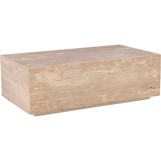 Giza 50" Drum Coffee Table by World Interiors in tan and travertine. Made from reclaimed iron travertine stone in a unique style.