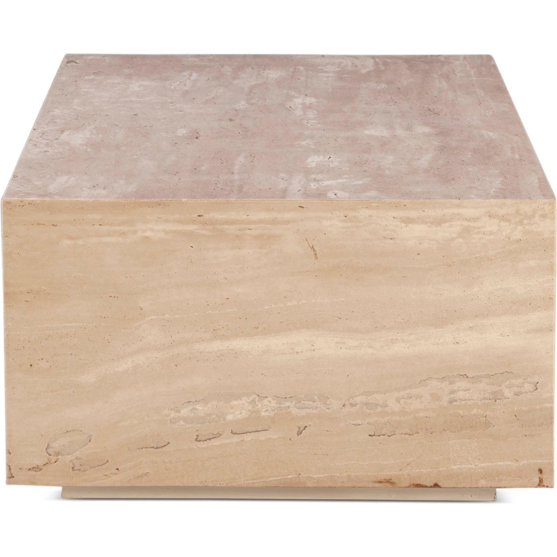 Giza 50" Drum Coffee Table by World Interiors in tan and travertine. Made from reclaimed iron travertine stone in a unique style.