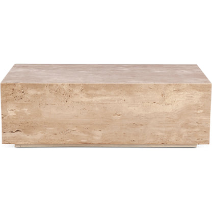 Giza 50" Drum Coffee Table by World Interiors in tan and travertine. Made from reclaimed iron travertine stone in a unique style.