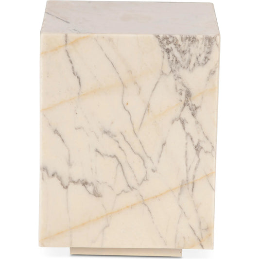 Giza 15" Drum Side Table by World Interiors in white and alabaster marble. Made from marble mdf reclaimed iron in a unique style.