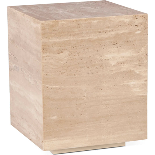 Giza 18" Drum Side Table by World Interiors in tan and travertine. Made from reclaimed iron travertine stone in a unique style.