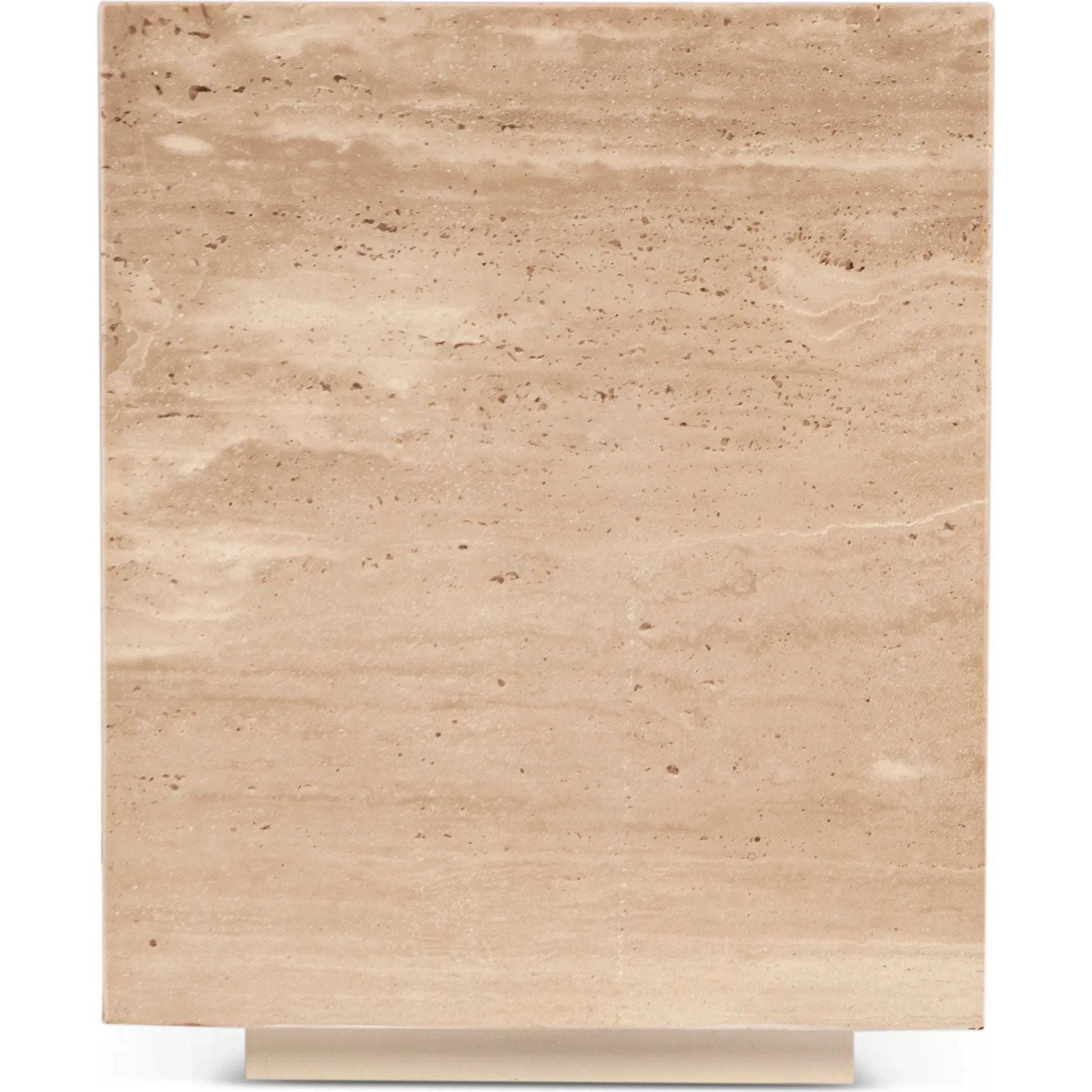 Giza 18" Drum Side Table by World Interiors in tan and travertine. Made from reclaimed iron travertine stone in a unique style.