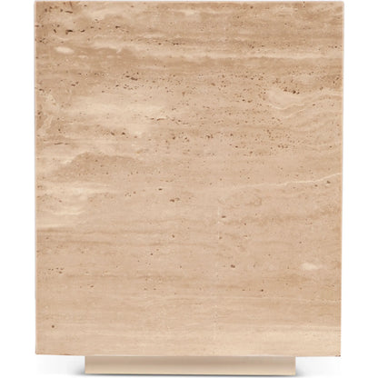Giza 18" Drum Side Table by World Interiors in tan and travertine. Made from reclaimed iron travertine stone in a unique style.