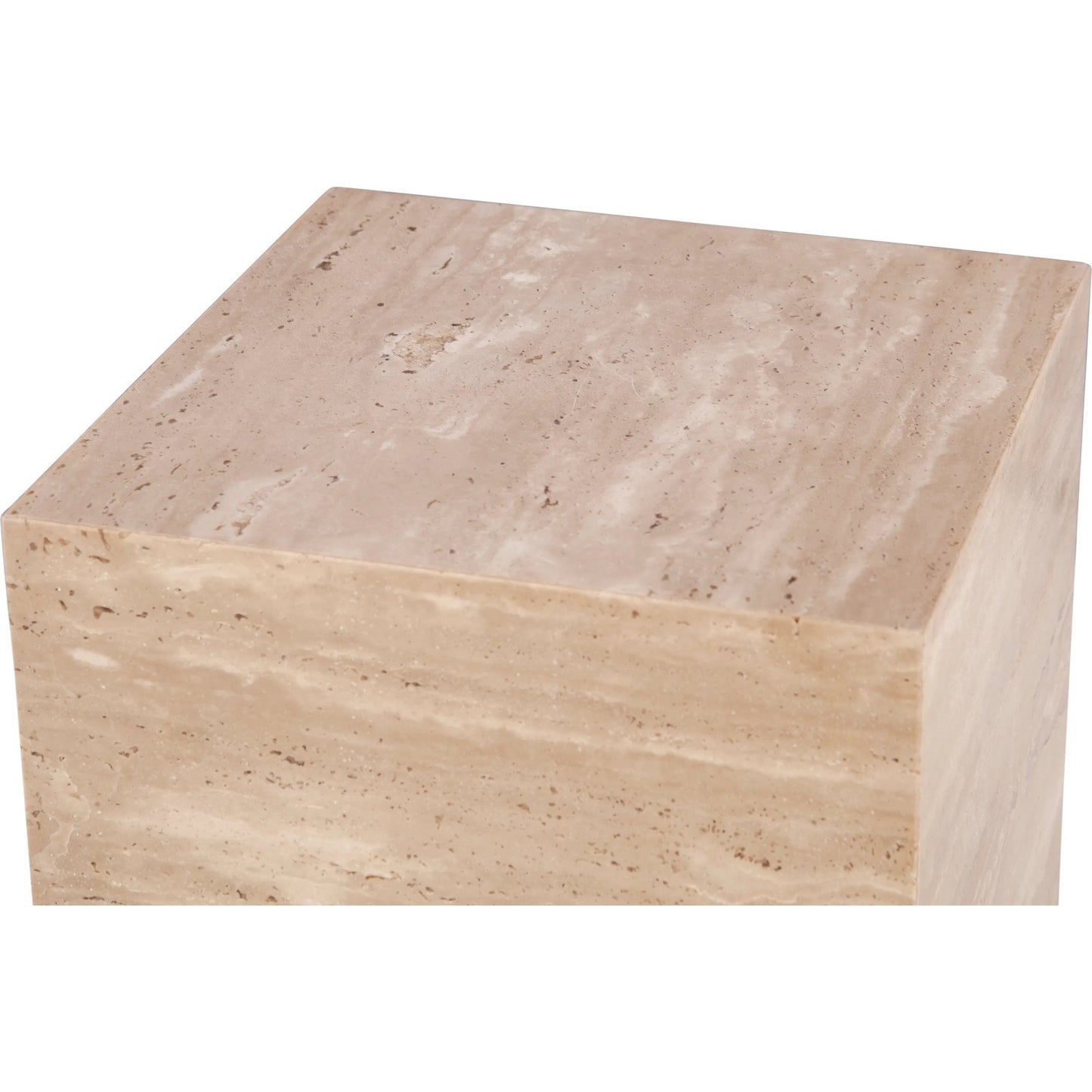 005 SI-2242863 | Closeup | Giza 18" Drum Side Table by World Interiors in tan and travertine. Made from reclaimed iron travertine stone in a unique style.