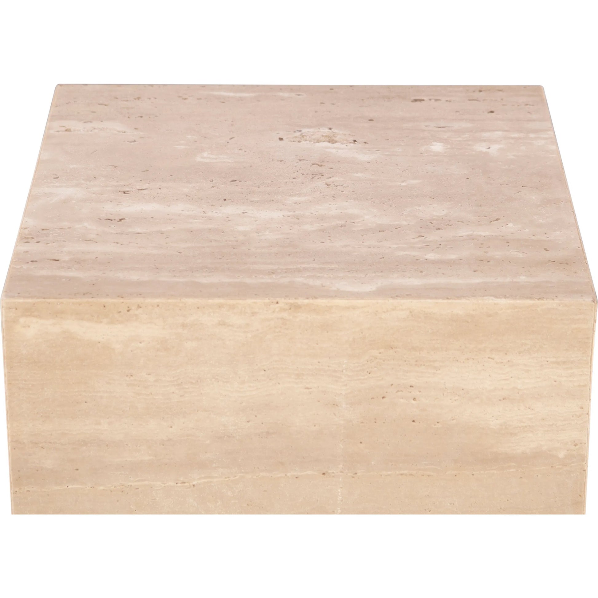 Giza 18" Drum Side Table by World Interiors in tan and travertine. Made from reclaimed iron travertine stone in a unique style.